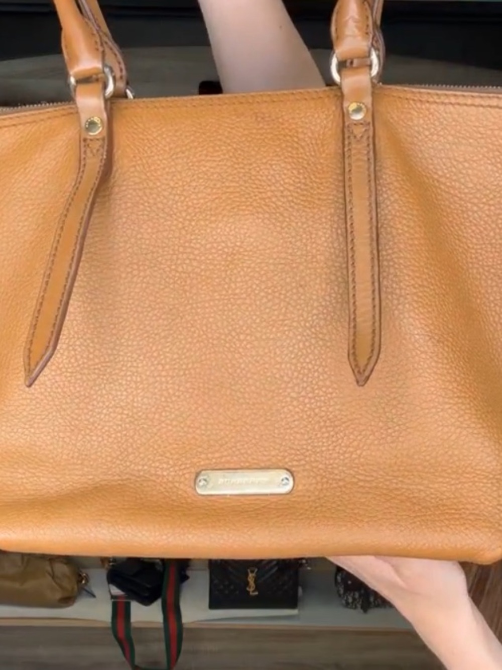 Authentic Burberry Camel Pebble Leather Bag with COA